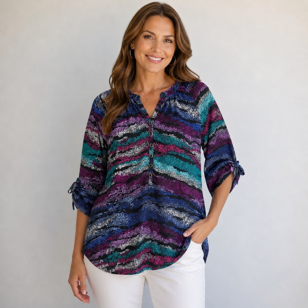 Yumi Kim Womens Small Multi Color Abstract Stripe Henley Blouse 3/4 Tie Sleeve